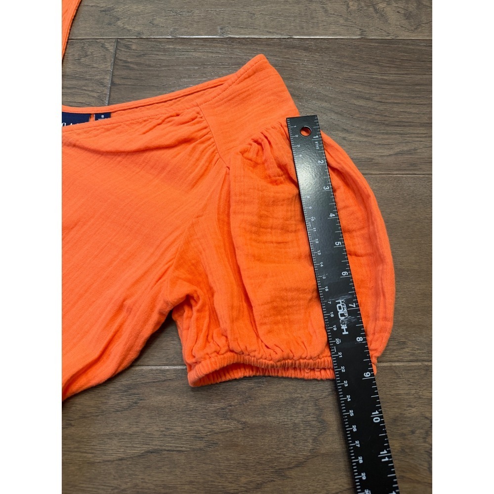 Gap Orange Cotton Double Gauze Puff Sleeve Tiered Mini Dress Small V-Neck Pocket - Picture 7 of 8